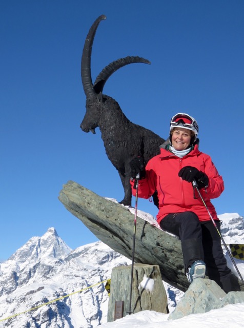 This Steinbock wild goat statue welcomes skiers and hikers to a beautiful view of the Matterhorn high in the Monte Rosa region.