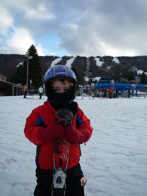 Nathan returns to the ski slope at Camelback Ski Area, PA  in 2014.  He now sports a new helmet, new mittens, rental boots and skis.
He is a year older, but still only three years old.
