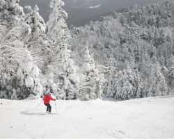 Skier descends high in the Adirondack Mountains of New York from the Straight Brook summit of Gore Mountain. The Adirondack Mountains are know for their harsh winters and abundant natural snow fall. Skier descends high in the Adirondack Mountains of New York from the Straight Brook summit of Gore Mountain. The Adirondack Mountains are know for their harsh winters and abundant natural snow fall.