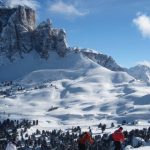 Skiers on the Sella Ronda tour Sella Ronda Skiers under Mountain