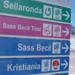Sign directs skiers along the Sella Ronda tour with Green Signs indicating a counter clock route and red signs the clockwise route. Signs like these are located throughout the mountains on the tour Sella Ronda Signs