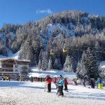 Skiers in the mountain town of Corvara, high in the Italian Dolomites Sella Ronda in Corvara