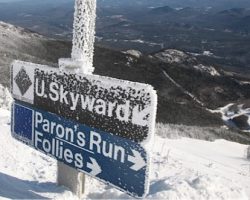 Skyward Trail Sign atop Summit for Women’s Downhill Course. Skyward Trail Sign atop Summit for Women’s Downhill Course.