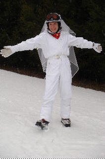 Liz in goggles, helmet and veil.