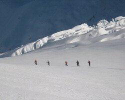 Courmayer, IT-Skiers trek in the Valley Blanche on the French/Italian boarder descending to Chamonix, France Courmayer, IT-Skiers trek in the Valley Blanche on the French/Italian boarder descending to Chamonix, France