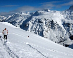 Skiers descend in fresh powder in the Arlberg region of Austria Skiers descend in fresh powder in the Arlberg region of Austria