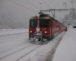 A Winter train ride from Davos to St. Moritz, Switzerland A Winter train ride from Davos to St. Moritz, Switzerland